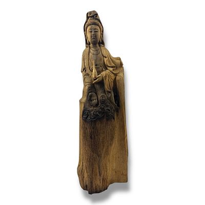 A rare and large vintage hand carved Agarwood Guanyin deity Statue seated on clouds, sculpted