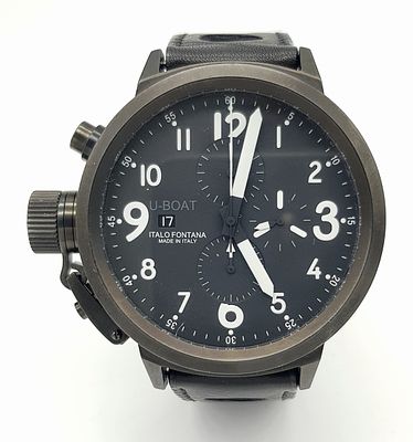 An Italian U-Boat Automatic Chronograph Gents Watch. Black leather strap. Black stainless steel