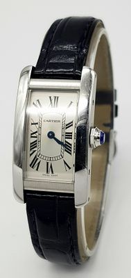 A Cartier Tank Americaine Quartz Ladies Watch. Black leather strap. Stainless steel case - 20 x