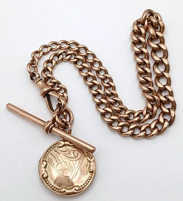 An Antique 9K Rose Gold Albert watch Chain with T Bar and Hanging 9K Gold Decorative Fob. 29cm. 30g.