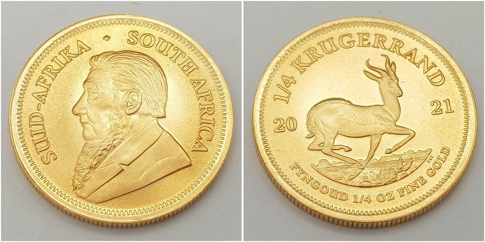 A PROOF CONDITION QUARTER KRUGERRAND COIN DATED 2021 . A QUARTER OUNCE OF 24K GOLD