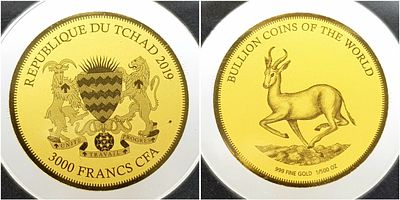 A VERY COLLECTABLE 24K GOLD SPRINGBOK 3000 FRANCS COIN IN PROOF CONDITION , 1/500TH OZ . COMES