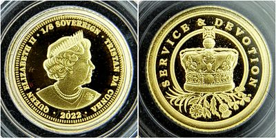 A 1/8 22K GOLD SOVEREIGN COIN DATED 2022 IN PROOF CONDITION