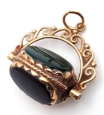 A 9K GOLD VINTAGE 3 SIDED STONE SET WATCH FOB/CHARM . 5.2gms