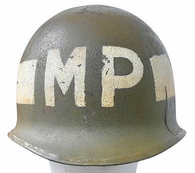 WW2 US Swivel Bale M1 Military Police Helmet & Liner. The liner has been painted white with