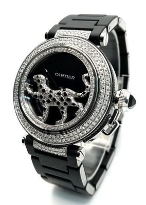 A FABULOUS CARTIER LADIES STAINLESS STEEL WATCH WITH TWIN ROW DIAMOND BEZEL AND CUSTOM MADE