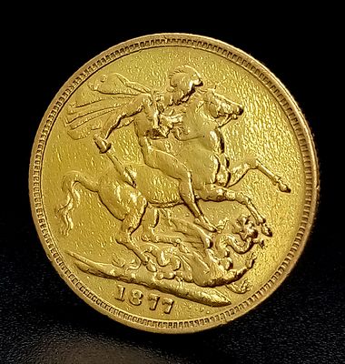 An 1877 QUEEN VICTORIA, ST. GEORGE REVERSE MELBOURNE MINT FULL SOVEREIGN COIN. 22K GOLD. REF: C 6007