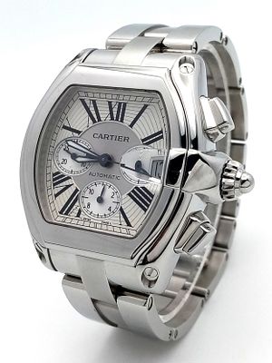A CARTIER "GTS ROADSTER" GENTS WATCH IN STAINLESS STEEL , WITH 3 SUBDIALS , ROMAN NUMERALS AND