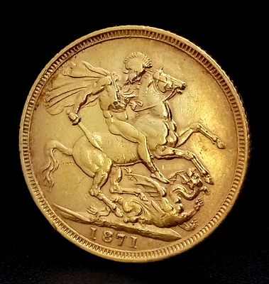 An 1871 QUEEN VICTORIA YOUNG HEAD, LONDON MINT FULL SOVEREIGN COIN. 22K GOLD. REF: C 6014