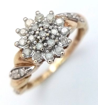 A 9k yellow gold diamond flower vintage ring, 0.25ct diamond weight, 2.4g total weight, ring