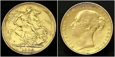 AN 1886 QUEEN VICTORIA MELBOURNE MINT, FULL SOVEREIGN COIN. 22K GOLD. C-5017.