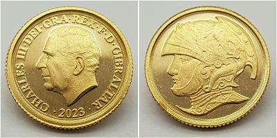 A 2023 KING CHARLES III, 'A NEW ERA' GIBRALTAR ISSUE PROOF CONDITION QUARTER SOVEREIGN COIN.
