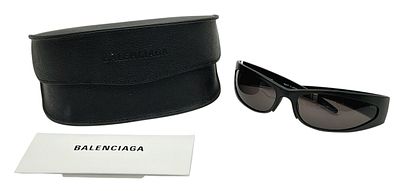 A pair of Balenciaga black aluminium women's sunglasses. Total length 17cm. Comes with original