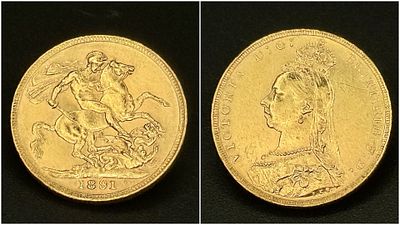 AN 1891 QUEEN VICTORIA JUBILEE, REVERSE HORSE LONG TAIL, FULL SOVEREIGN COIN. 22K GOLD. C3007.
