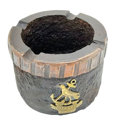 WW1 Trench Art Ashtray Made from the base of an exploded shrapnel shell. A badge of HMS Hood