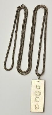 A Very Unique, Vintage 1977 Hallmarked, Heavy Silver Long Chain Ingot Pendant Necklace. 89cm