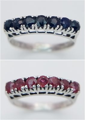 2 X STERLING SILVER RINGS ONE SET WITH RUBY AND ONE SET WITH SAPPHIRE BOTH SIZE O, 5.1G TOTAL