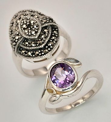 2 X STERLING SILVER VINTAGE STONE SET RINGS MARQUISITE RING - SIZE M, AND AMETHYST RING SIZE N