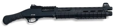 A Deactivated Black on Black Aksa 12 Gauge Short Pump Action Shotgun. Dry pumps with a crisp