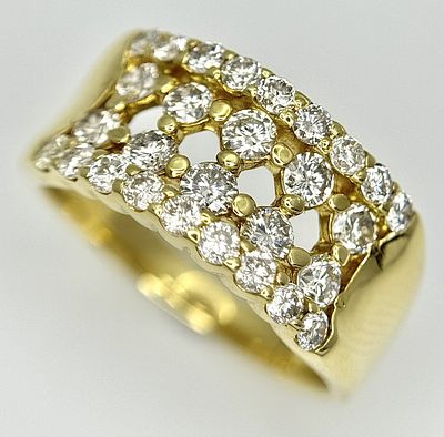 An 18K Yellow Gold, Four Row Diamond Ring. Size L. 1ctw diamonds. 6.1g. R-5292H.