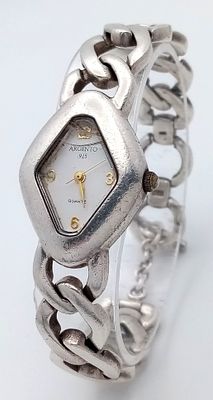 An Argento Sterling Silver Quartz Ladies Watch. Sterling silver bracelet and case - 25mm. White