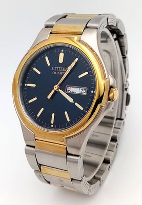 A Citizen Blue Dial Quartz Gents Watch. Two tone bracelet and case - 37mm. New battery recently