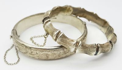 2 x Fully Hallmarked SILVER BANGLES. To include BAMBOO STYLE Complete with Silver safety chain. 