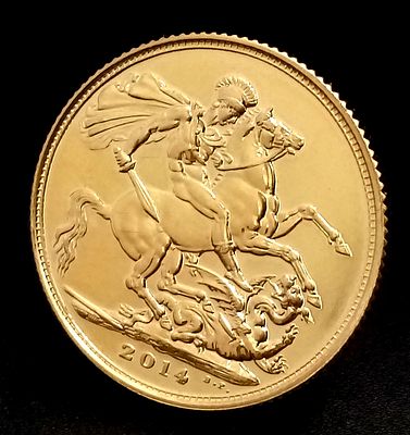 A 2014 Queen Elizabeth II Brilliant Uncirculated Full Sovereign coin. 22k gold. Comes with a 