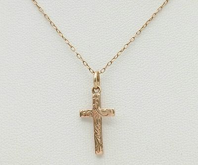 Dainty 9 CARAT GOLD CROSS PENDANT mounted on a 9 Carat Gold fine Chain Necklace. 1.67 Grams. 