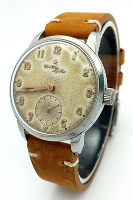 A Vintage Zenith Sporto Mechanical Watch. Synthetic brown strap. Stainless steel case - 35mm. 