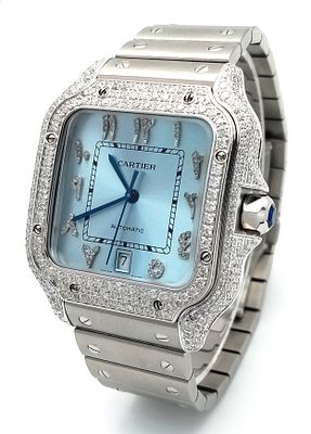 A Stunning Cartier Santos 'Beyond Tiffany Blue' Dial, Diamond Gents Watch. Stainless steel 