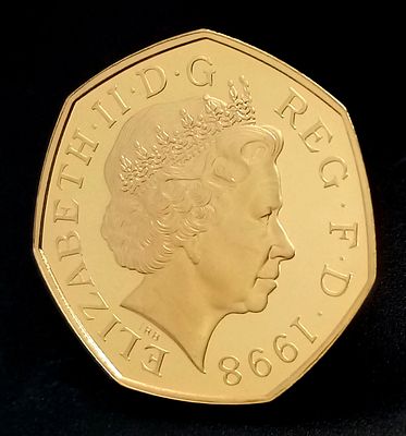 A Royal Mint 1998 United Kingdom Fifty Pence Proof Coin. 25th Anniversary of the EEC. 22k Gold. 