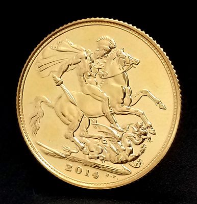 A 2014 Queen Elizabeth II Brilliant Uncirculated Full Sovereign coin. 22k gold. Comes with a 
