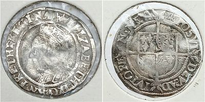 An Elizabeth I Half Groat 1567-1570 coin. In presentation sleeve. Coronet.