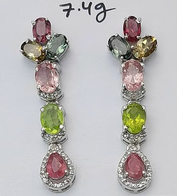 A Pair of Multi-Coloured Tourmaline Drop Earrings. Set in 925 silver. 4cm drop. 7.4g. CD-2043