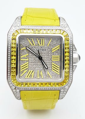 A Cartier Santos 100 'Yellow Submarine' Diamond Automatic Gents Watch. Yellow leather strap 