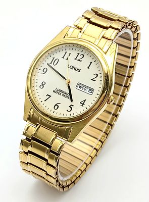 A Smart Vintage Gold Tone Day/Date Lorus Lumbrite Quartz Watch. 37mm Case, High Luminosity. 