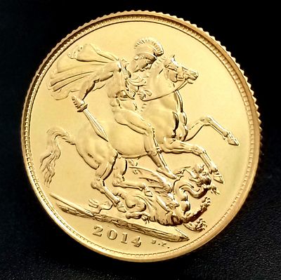 A 2014 Queen Elizabeth II Brilliant Uncirculated Full Sovereign. 22k gold. Comes with a 