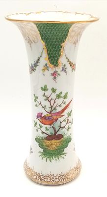 An Antique Porcelain Dresden Vase. Bird and gilded decoration. Markings on base for Dresden 