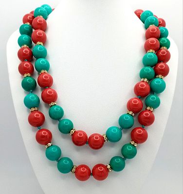 A Blue Turquoise and Red Coral Beaded Matinee Length Necklace. 90cm length. 12mm coral and 