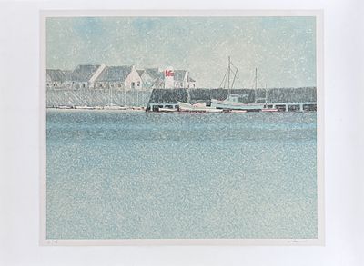 A Lithograph Print on Paper by the artist Andre Bourrie (1936 - 2017). Depicts a harbour scene. 
