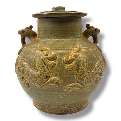 An Antique Asian Celadon-Glazed ceramic Jar with Lid. Beautiful olive-green celadon glaze 