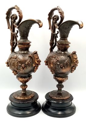 A TRULY SUPERB PAIR OF FRENCH NAPELEON III SPELTER EWERS - C. 1860s. IN THE RENAISANCE STYLE 