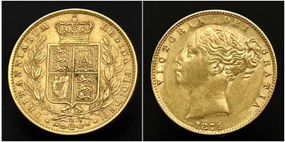 A 1874 QUEEN VOCTORIA YOUNG HEAD SHIELD BACK MELBOURNE MINT FULL SOVEREIGN COIN. REF: 9725 - 1