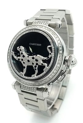 A FABULOUS CARTIER 'Pasha De Cartier' Diamond Automatic Ladies Watch. Stainless steel bracelet 