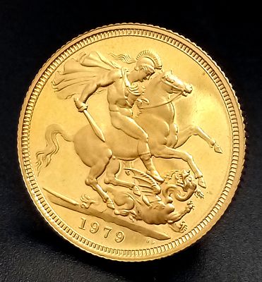 A Royal Mint 1979 Queen Elizabeth II Full Sovereign Coin. 22k Gold. High grade.