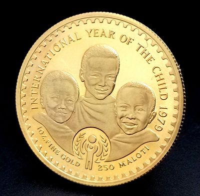 A 1979 Lesotho Year of the Child 22K Gold Proof Condition 1oz Coin. Face value of 250 Maloti. 