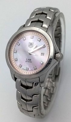A Tag Heuer Link Mother of Pearl Ladies Quartz Watch. Model - WJFT31B. Stainless steel bracelet 