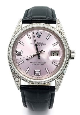 A Rolex Oyster Perpetual Datejust Automatic Diamond Unisex Watch. Black leather strap. 