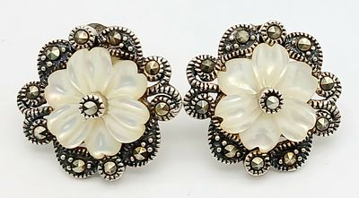 Genuine Pair of ‘HOBBS’ SILVER MARCASITE EARRINGS. Having mother-of-pearl floral detail. 